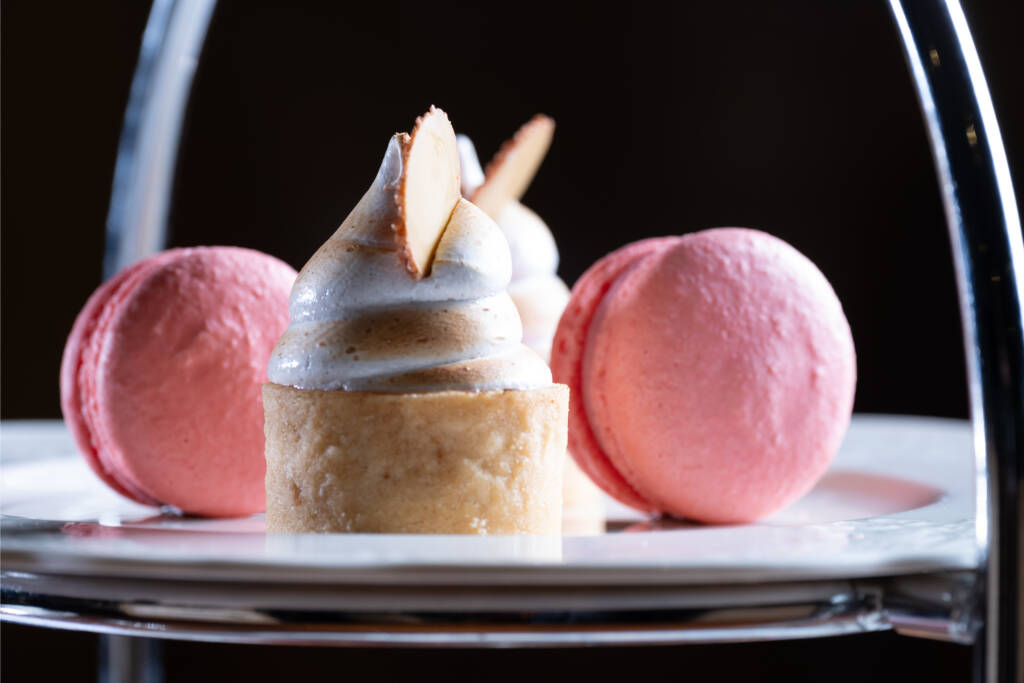 High tea seasonal inspired macaron, pineapple tart with cinnamon meringue