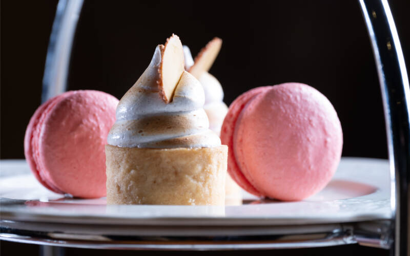 High tea seasonal inspired macaron, pineapple tart with cinnamon meringue